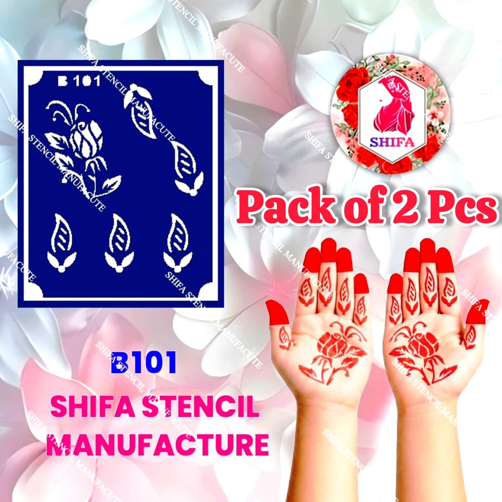 B101 (age 5 to 10)  5 to 10 Scarlet Petal Royale Double Hand Henna Stencil - Shifa Stencil